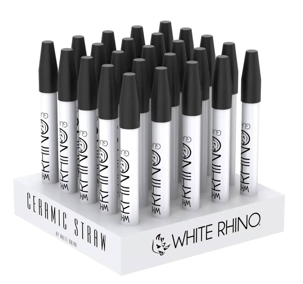 WHITE RHINO- WHITE CERAMIC DAB STRAW WITH SILICONE CAP - 25 COUNT DISPLAY