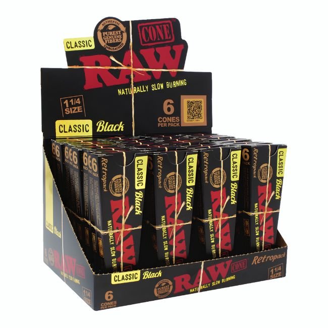 RAW BLACK CLASSIC 1-1/4 SIZE CONES RETRO PACK 6CT/ 32PK BOX