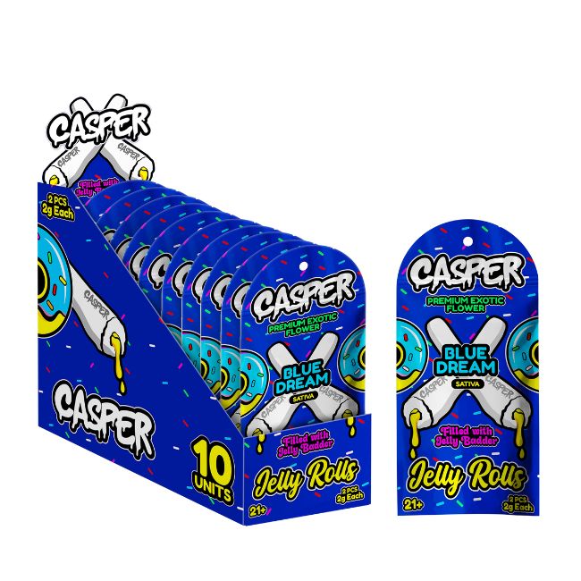 CASPER THC-A PREMIUM EXOTIC FLOWER JELLY ROLLS 2GM X 2PK PRE ROLLS JOINTS 10CT/ BOX