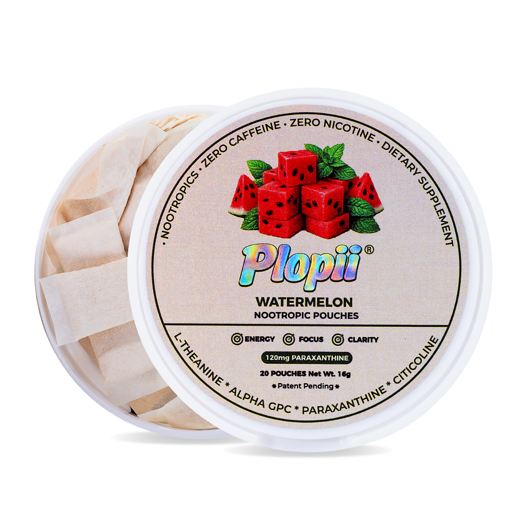 Plopii Focus Nootropic Pouches, 120mg Paraxanthine, Nicotine-Free, Caffeine-Free | Alpha GPC, Citicoline, L-Theanine, Ginseng | Vitamin B6 + B12 | Plant-Based Energy Pouches | Brain Vitamins (Watermelon)
