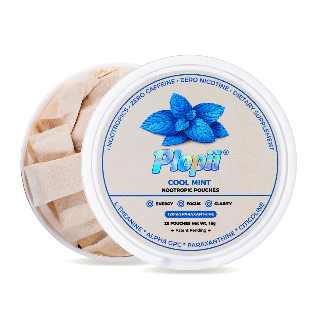 Plopii Focus Nootropic Pouches, 120mg Paraxanthine, Nicotine-Free, Caffeine-Free | Alpha GPC, Citicoline, L-Theanine, Ginseng | Vitamin B6 + B12 | Plant-Based Energy Pouches | Brain Vitamins (Cool Mint)