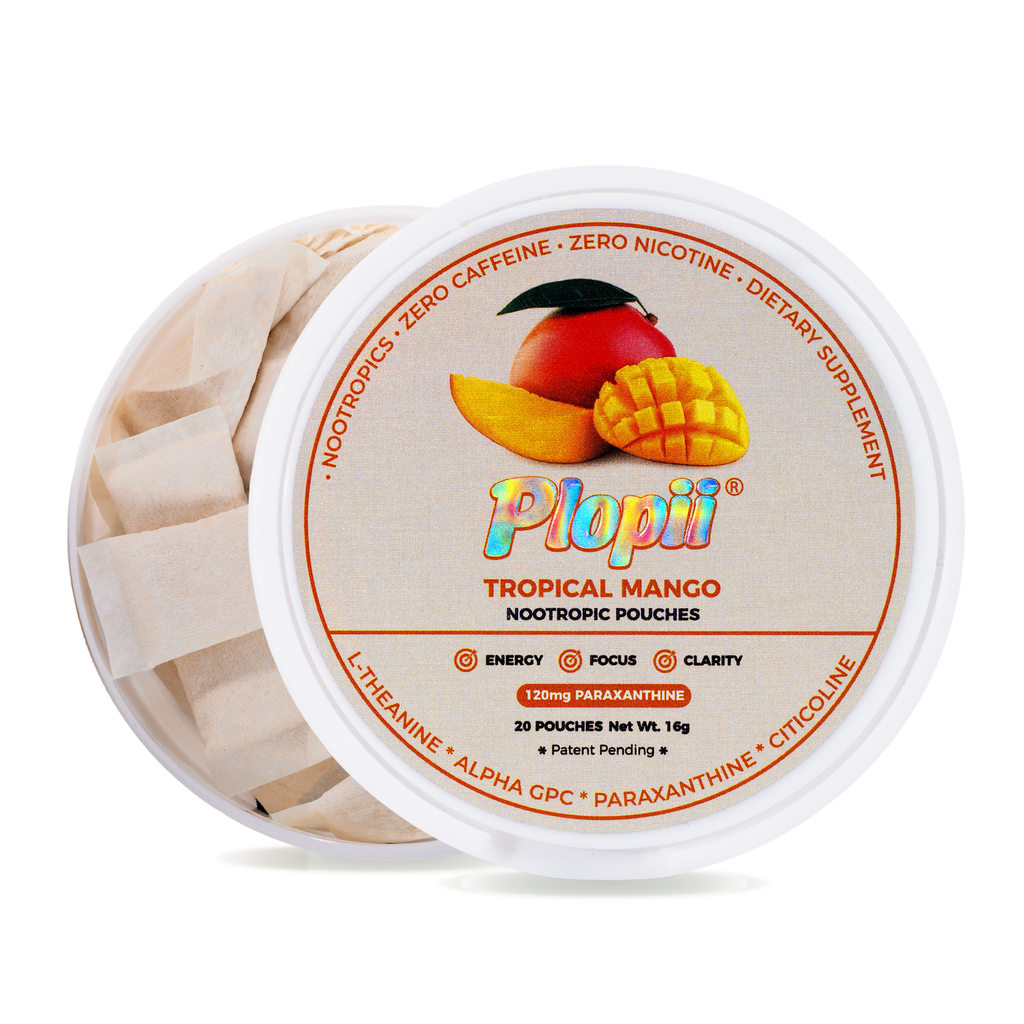 Plopii Focus Nootropic Pouches, 120mg Paraxanthine, Nicotine-Free, Caffeine-Free | Alpha GPC, Citicoline, L-Theanine, Ginseng | Vitamin B6 + B12 | Plant-Based Energy Pouches | Brain Vitamins (Tropical Mango)