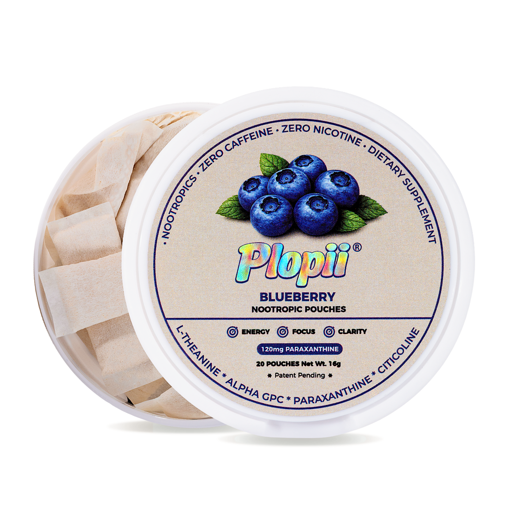 Plopii Focus Nootropic Pouches, 120mg Paraxanthine, Nicotine-Free, Caffeine-Free | Alpha GPC, Citicoline, L-Theanine, Ginseng | Vitamin B6 + B12 | Plant-Based Energy Pouches | Brain Vitamins (Blueberry)