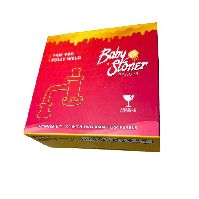 BABY STONER 14MM MALE 90 DEGREE FULLY WELD BANGER SPINNER KIT ''X'' WITH 2 6MM TERP PEARLS