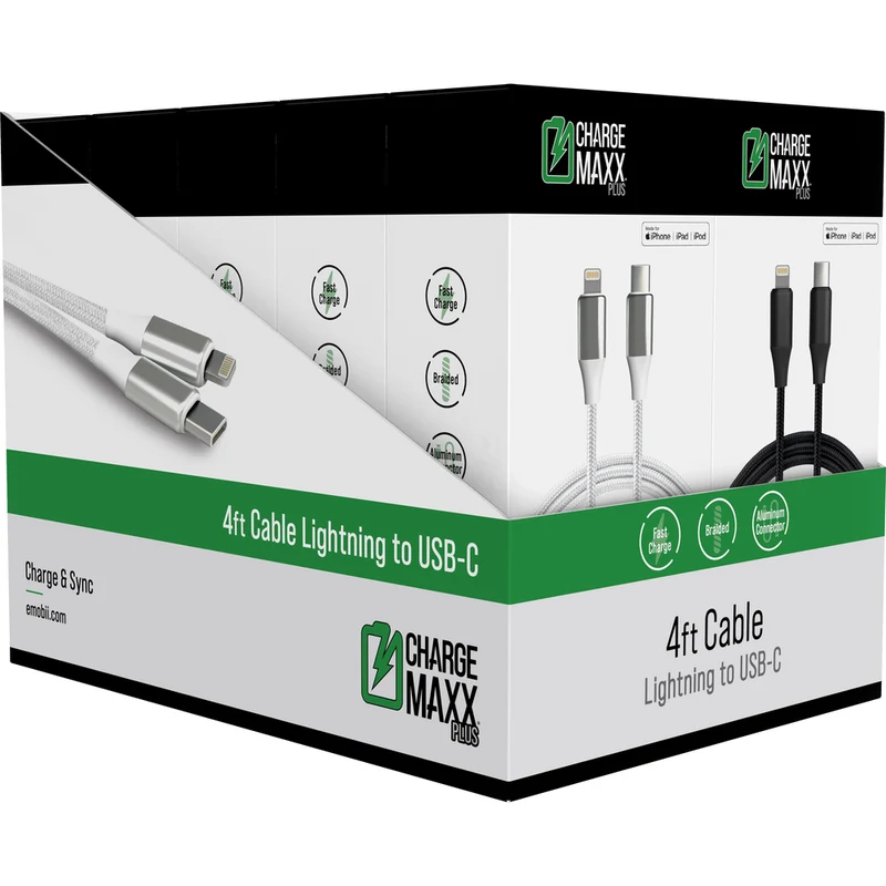 Emobii- Charge Maxx Apple-Certified USB Cable (MFi) – Black & White – Box of 12 Units