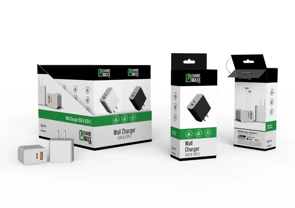 Emobii- 18W USB QC 3.0 & USB-C Dual-Port Wall Charger – Black & White – Box of 10 Units