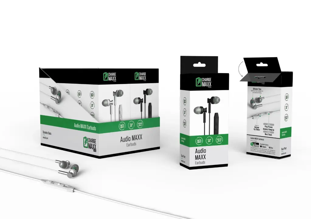 Emobii- Audio Maxx Earbuds with Mic & Remote – Black & White – Box of 10 Units