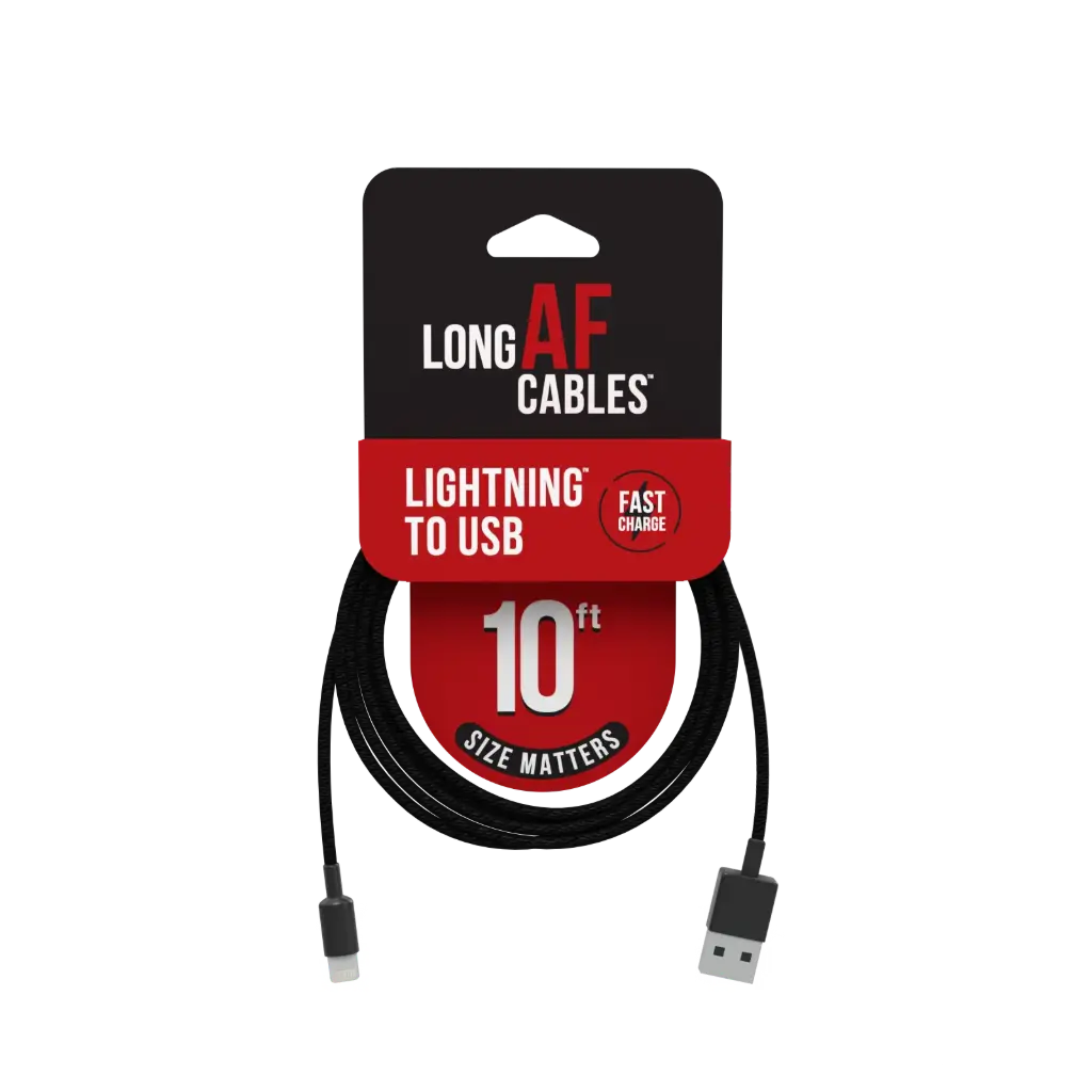 Emobii- Long AF 10 ft iPhone-to-USB Cable – Black – Box of 6 Units