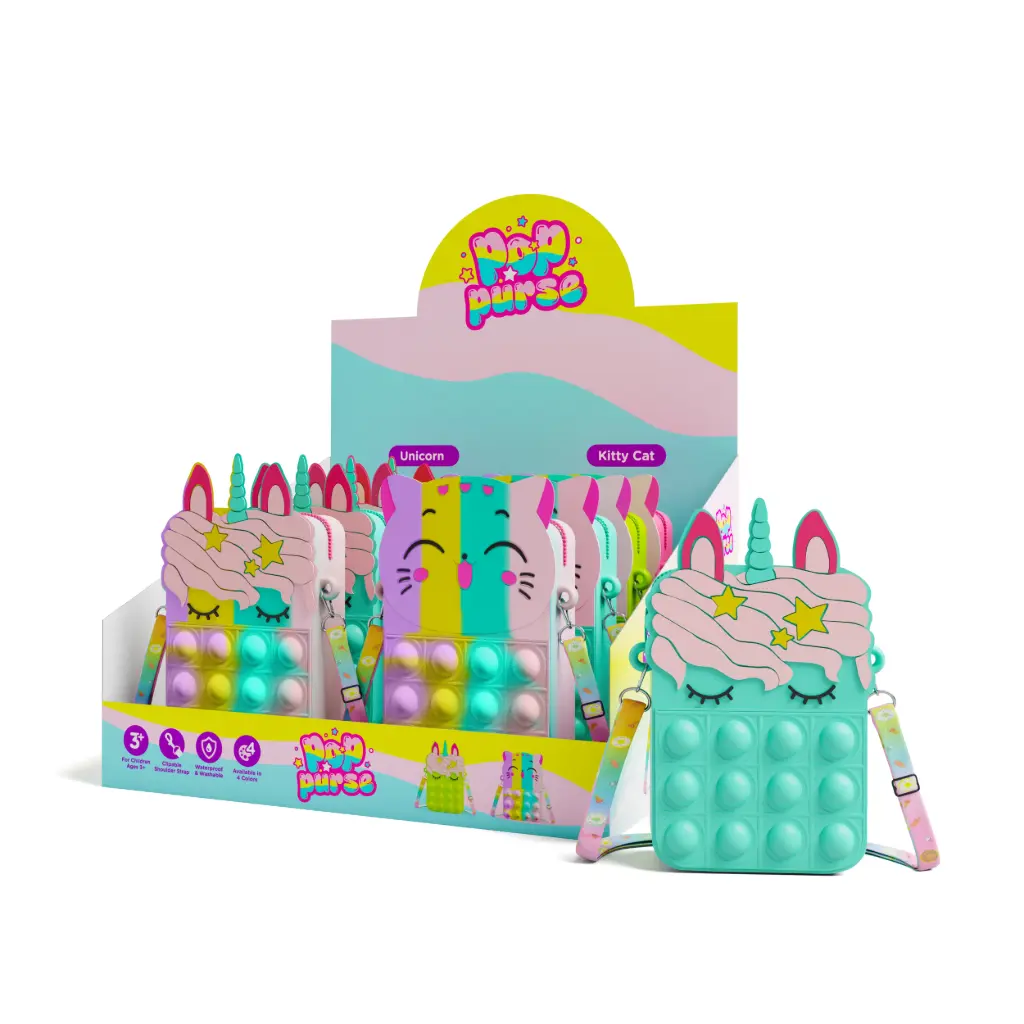 Emobii- Pop Purse – Unicorn & Kitty Cat Styles – Pink, Green, Blue & Rainbow – Box of 8 Units