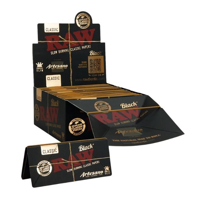 RAW BLACK ARTESANO KINGSIZE SLIM ROLLING PAPER TRAY PAPERS TIPS 15CT/BOX