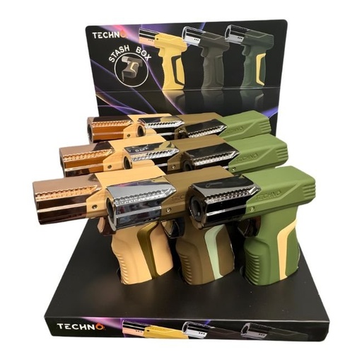 [19062A] TECHNO SINGLE FLAME GUN DESIGN TORCH LIGHTER 9CT/ DISPLAY