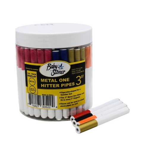 BABY STONER 3'' METAL ONE HITTER CIGARETTE PIPES 100CT/ JAR ASSORTED COLOR