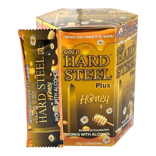 HARD STEEL GOLD PLUS WORKS WITH ALCOHOL SEXUAL ENHANCEMENT HONEY FOR MEN 24 SACHETS PER BOX