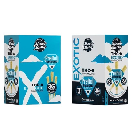 HAZY MARY EXOTIC INDOOR FLOWER DIAMOND INFUSED 1GM X 3PK PRE ROLL JOINTS 10CT/ BOX