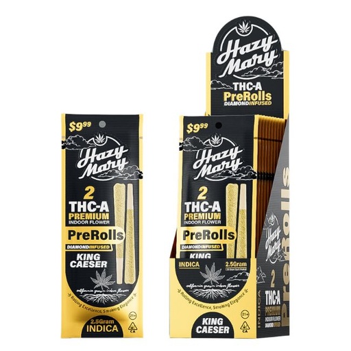 HAZY MARY THC-A PREMIUM INDOOR FLOWER DIAMOND INFUSED 1.25GM X 2PK PRE ROLLS JOINTS 10CT/ BOX