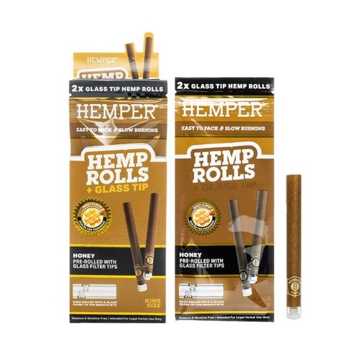 HEMPER HEMP KING SIZE ROLLS + GLASS TIPS 2PK 12CT/ BOX