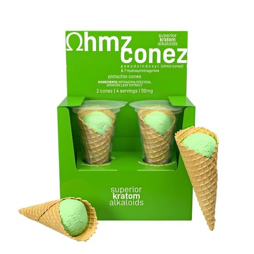 [OHMZCONE50MG] EAT OHMZ CONEZ BY EXODUS PSEUDO + 7-HYDROXY KRATOM 50MG PISTACHIO CONES 2CT/ BOX