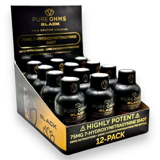 [PUREOHMSBLKHYDSH] PURE OHMS BLACK 7 HYDROXYMITGRAGYNINE 75MG 60ML EXTRACT SHOT 12CT/ BOX