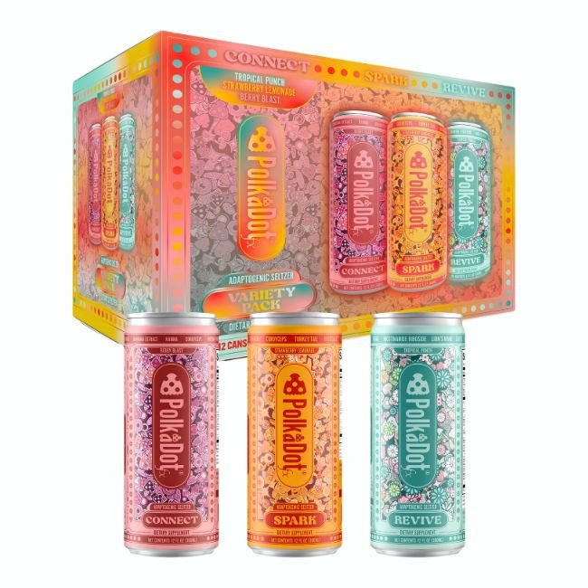 Polk A Dot Mushroom Adaptogenic Seltzer Drink Variety Pack (12Oz  360Ml/ Can) 12Ct/ Box — wholesale at GW Products USA