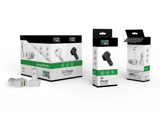 [CC2-DP] Emobii- 18W USB QC 3.0 & USB-C Dual-Port Car Charger – Black & White – Box of 10 Units