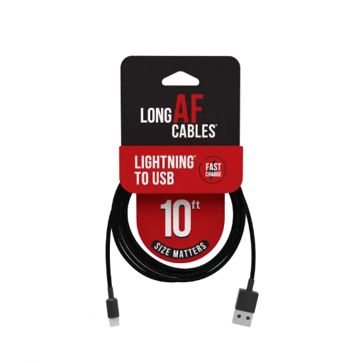 [BR10-8PIN-USB] Emobii- Long AF 10 ft iPhone-to-USB Cable – Black – Box of 6 Units