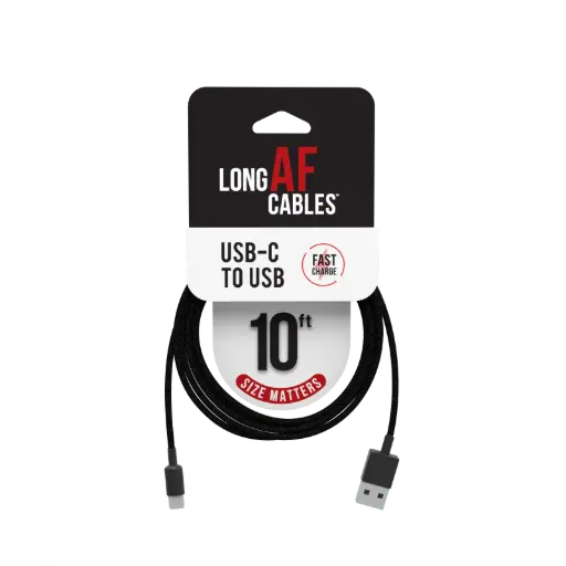 [BR10-USBC-USB] Emobii- Long AF 10 ft USB-C-to-USB Cable – Black – Box of 6 Units