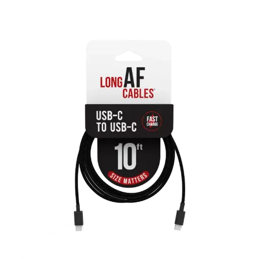 [BR10-USBC-USBC] Emobii- Long AF 10 ft USB-C-to-USB-C Cable – Black – Box of 6 Units